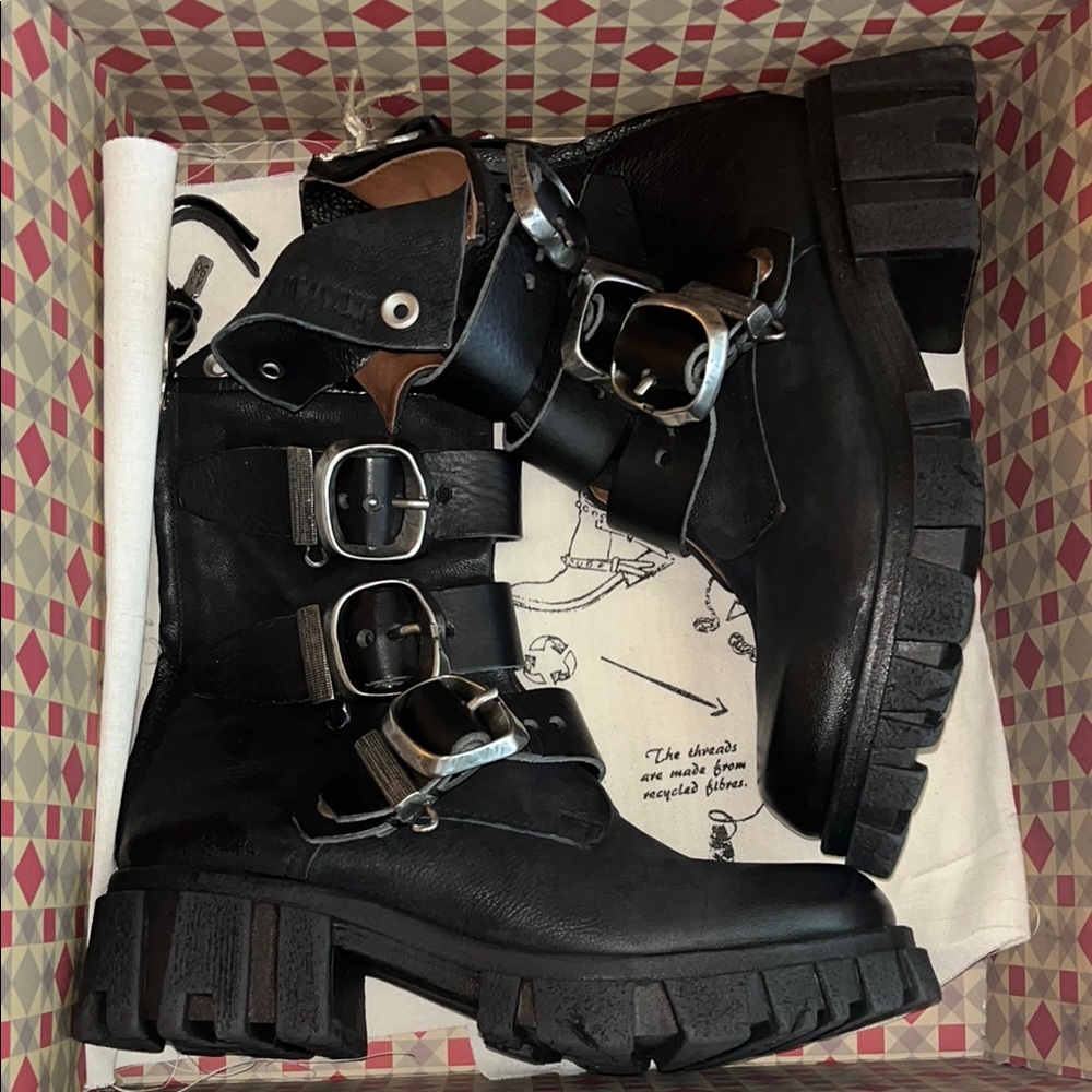A.S.98 Black Combat Moto Boots with Chunky Sole